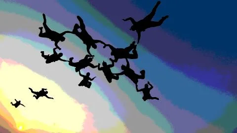 Skydiving team work at the sunset illustration Stock Illustration