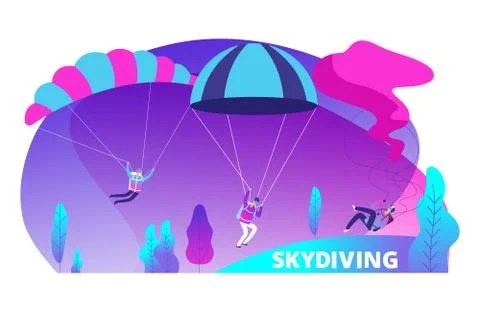 Skydiving vector background with cartoon jumpers colored 스톡 일러스트