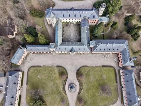 Skyhigh drone perspective highlights intricately patterned palace landscape.. Stock Photos