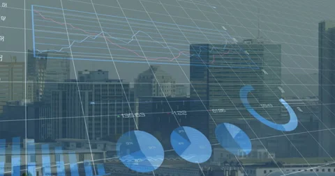 On skyline 3D grid emerging charts rising lines sweeping pie rings rotating for Stock Footage 313327849