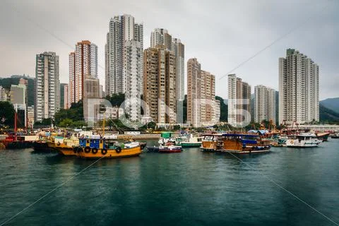 The skyline of Aberdeen, seen from Ap Lei Chau, in Hong Kong, Hong Kong. Stock Photos