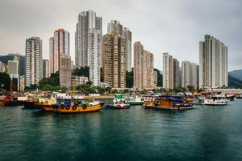 The skyline of Aberdeen, seen from Ap Lei Chau, in Hong Kong, Hong Kong. Stock Photos