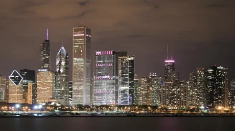 Skyline from Adler Planetarium at night Stock Footage