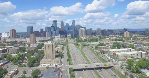 Skyline Aerial view of Minneapolis, MN Minnesota Stock Footage