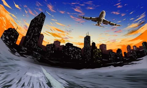 Skyline with Airplane Stock Illustration
