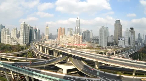 Skyline and traffic on elevated road in modern city. Stock Footage 48165269