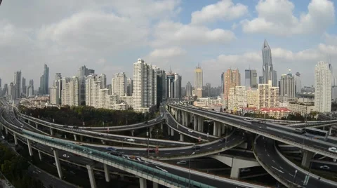 Skyline and traffic on elevated road in modern city. Stock Footage 48165354