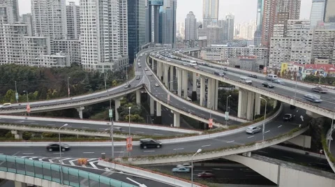 Skyline and traffic on elevated road in modern city. Stock Footage 48165526