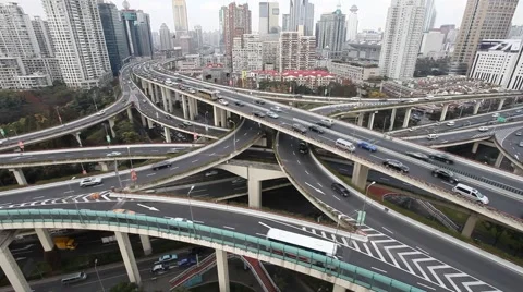 Skyline and traffic on elevated road in modern city. Stock Footage 48165788