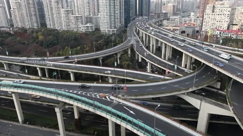 Skyline and traffic on elevated road in modern city. Stock Footage 48166261