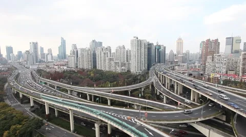 Skyline and traffic on elevated road in modern city. Stock Footage 48166714