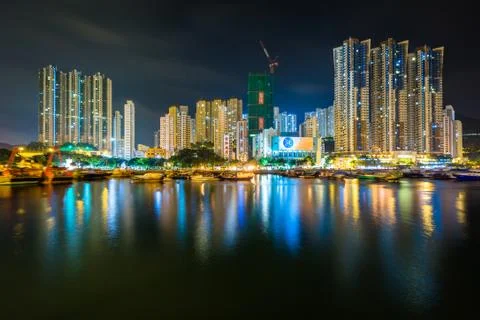 The skyline of Ap Lei Chau at night, seen from Aberdeen in Hong Kong, Hong Ko Stock Photos