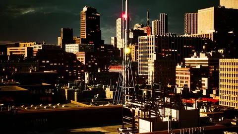 Skyline of the City with grey clouds during stormy autumn season Stock Illustration