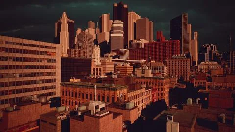 Skyline of the City with grey clouds during stormy autumn season Stock Illustration