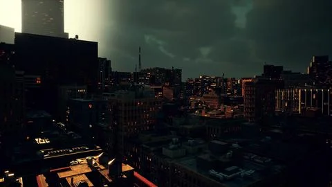 Skyline of the City with grey clouds during stormy autumn season Stock Illustration