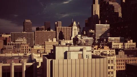 Skyline of the City with grey clouds during stormy autumn season Stock Illustration