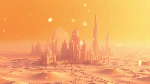 Skyline in the Desert: An Architectural Render of Dubai Amidst Sand Dunes, Perf Stock Footage 318052273