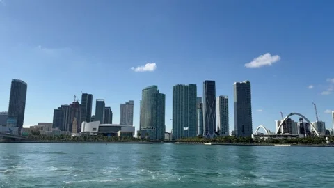 Skyline of Downtown Miami. Panoramic view from a moving boat. Miami, Florida Stock Footage 339072071
