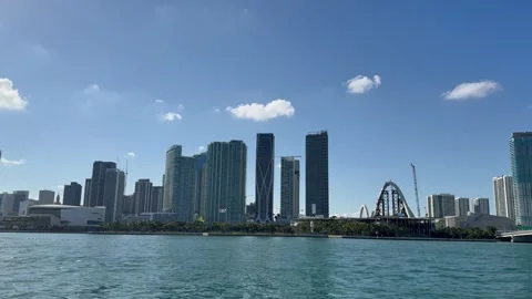 Skyline of Downtown Miami. Panoramic view from a moving boat. Miami, Florida Stock Footage 339072104