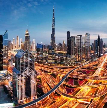 Skyline of Dubai bussines downtown at sunrise, United Arab Emirates Stock Photos