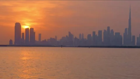 Skyline of Dubai at sunset. Time lapse Stock Footage 343945430