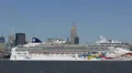 Skyline Empire State Building Hudson River New York City Cruise Ship Passing Day HD Footage