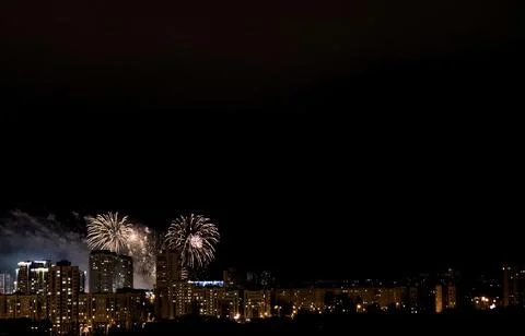 Skyline with fireworks Stock Photos