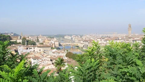 Skyline Florence River Arno Bridge Ponte Vecchio Wide shot Stock Footage 126491768