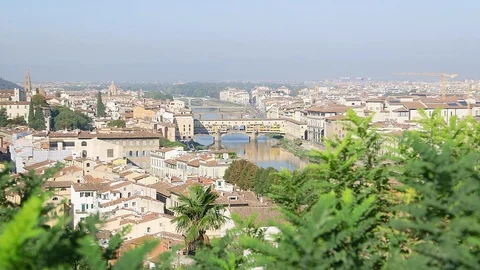 Skyline Florence River Arno Bridge Ponte Vecchio Medium shot Stock Footage 126492218