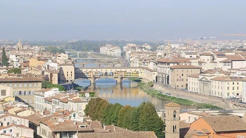 Skyline Florence River Arno Bridge Ponte Vecchio Close-Up shot Stock Footage 126492544