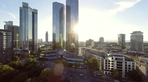Skyline frankfurt, germany, bank. financial district. helicopter fly over. city Stock Footage