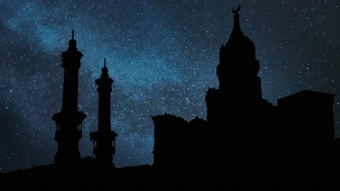 Skyline of Great Mosque of Mecca By Night, Time Lapse with Stars and Milky Way Stock Footage 146209573