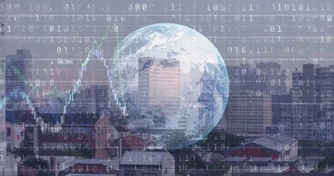 On skyline hold, globe centering while binary filling and charts animating, Stock Footage 328344895