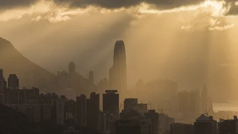 Skyline of Hong Kong city under sunset Stock Footage