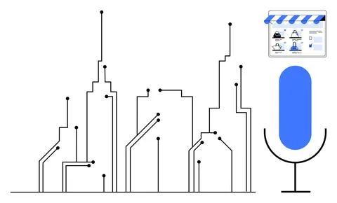 Skyline interconnected with digital circuits, upper corner e-commerce storefr Stock Illustration