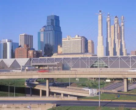 Skyline of Kansas City, Missouri with Interstate 10 Stock Photos