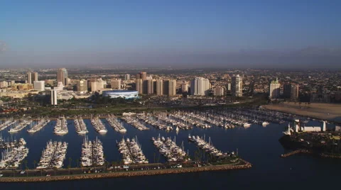 Skyline of Long Beach, California, with marina in foreground. Shot in 2010. Stock Footage 59113648