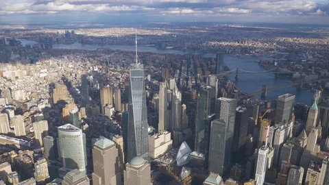 Skyline of Lower Manhattan with One World Trade Center, New York. Aerial View Stock Footage 99356182