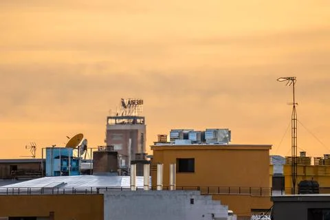 Skyline of Madrid during a dramatic orange sunrise Stock Photos