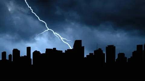 Skyline of Miami with Lightning and Thunderstorm flash over the Metropolis, USA Stock Footage 136195510