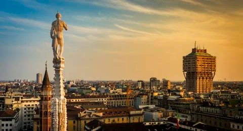 Skyline of Milan, Italy at sunset. View from the Roof Terrance of Duomo Di Mi Фото