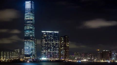 Skyline at night with cloudy sky view from Hong Kong Island. Timelapse. Video stock 55666971