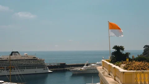 Skyline with ocean. The ship, the flag of Monaco. Gulls fly. Stock Footage 113353511