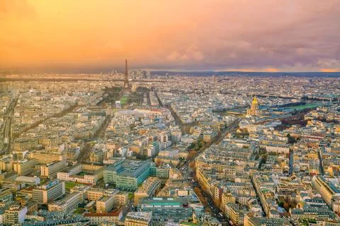 Skyline of Paris with Eiffel Tower at sunset in France Stock Photos