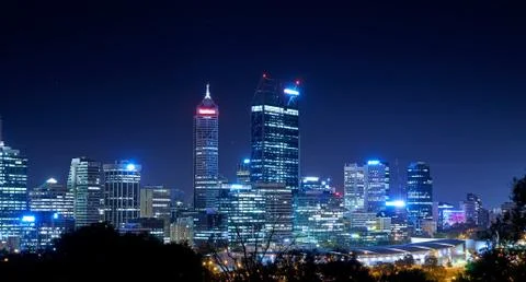 Skyline of Perth from Kings Park with a view of John Oldany Park at night. Stock Photos