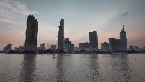Skyline from the river of  Saigon know also as Ho Chi Minh city, South Vietnam Stock Footage 115070618