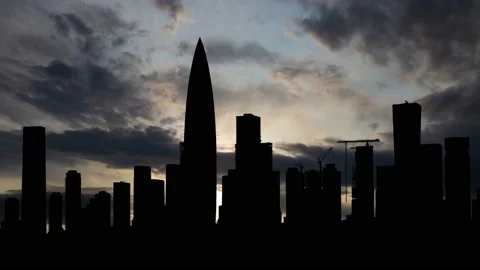 Skyline of Shenzhen Financial District, Time Lapse at Sunrise with Fast Clouds Stock Footage 165647630