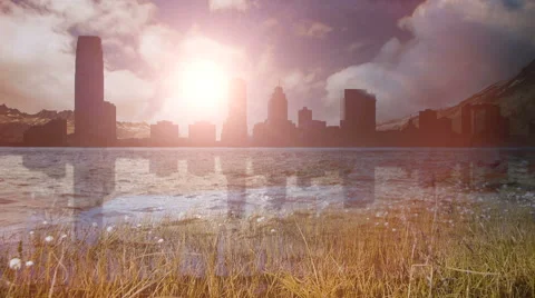 Skyline silhouette. riverside. water reflection. skyscrapers. nature lake sea Stock Footage 64538387