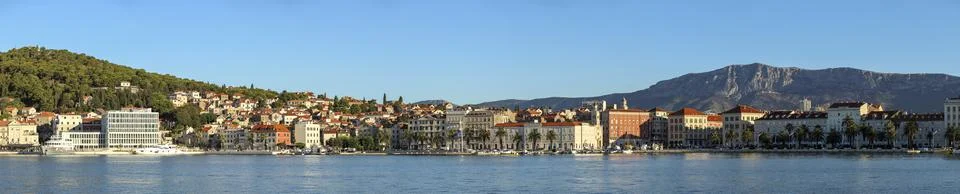 Skyline of split harbor panoramic view on a sunny day sunset Fotos Stock