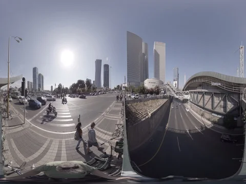 Skyline of Tel Aviv on the Ayalon highway Azrieli 360 video VR Stock Footage